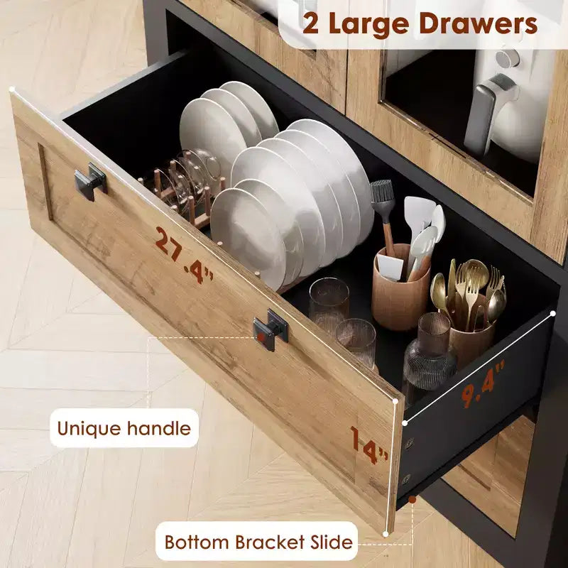 Dispensa da cucina stile rustico alta 183 cm con ante in vetro e 2 cassetti – Nero+Marrone / Naturale / Noce / Bianco