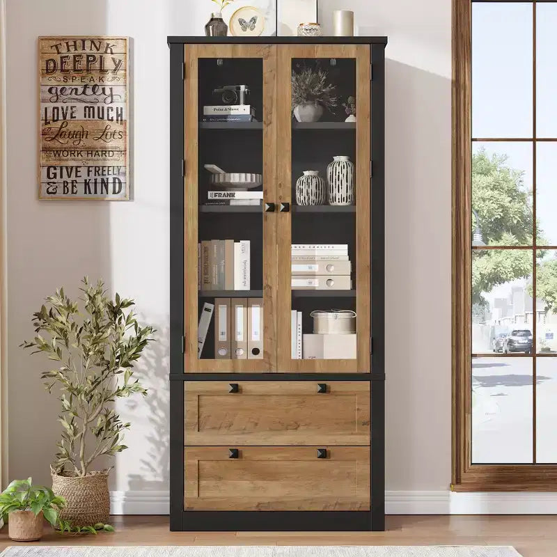 Dispensa da cucina stile rustico alta 183 cm con ante in vetro e 2 cassetti – Nero+Marrone / Naturale / Noce / Bianco