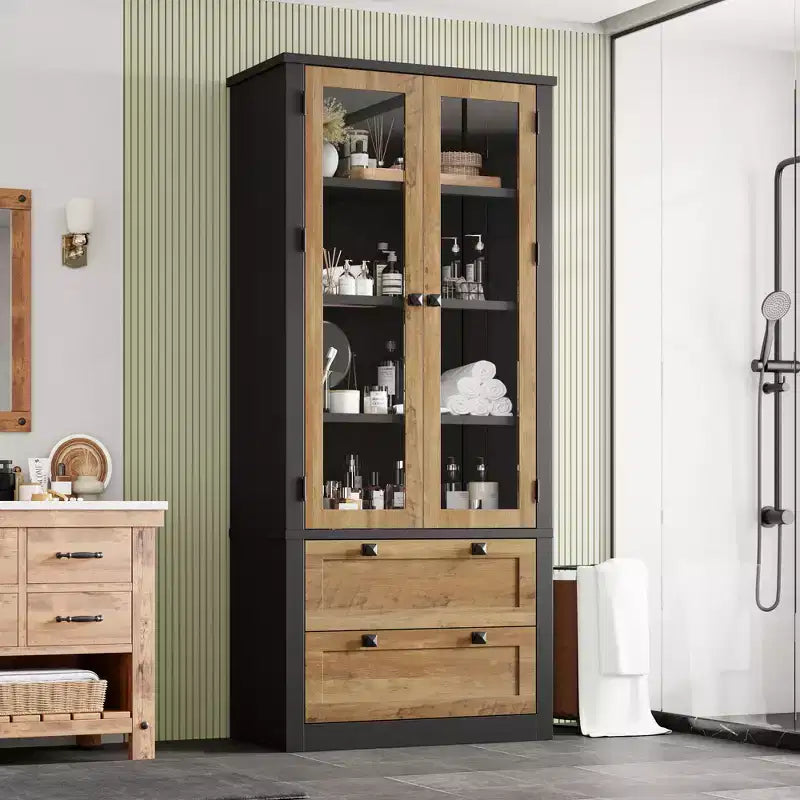 Dispensa da cucina stile rustico alta 183 cm con ante in vetro e 2 cassetti – Nero+Marrone / Naturale / Noce / Bianco