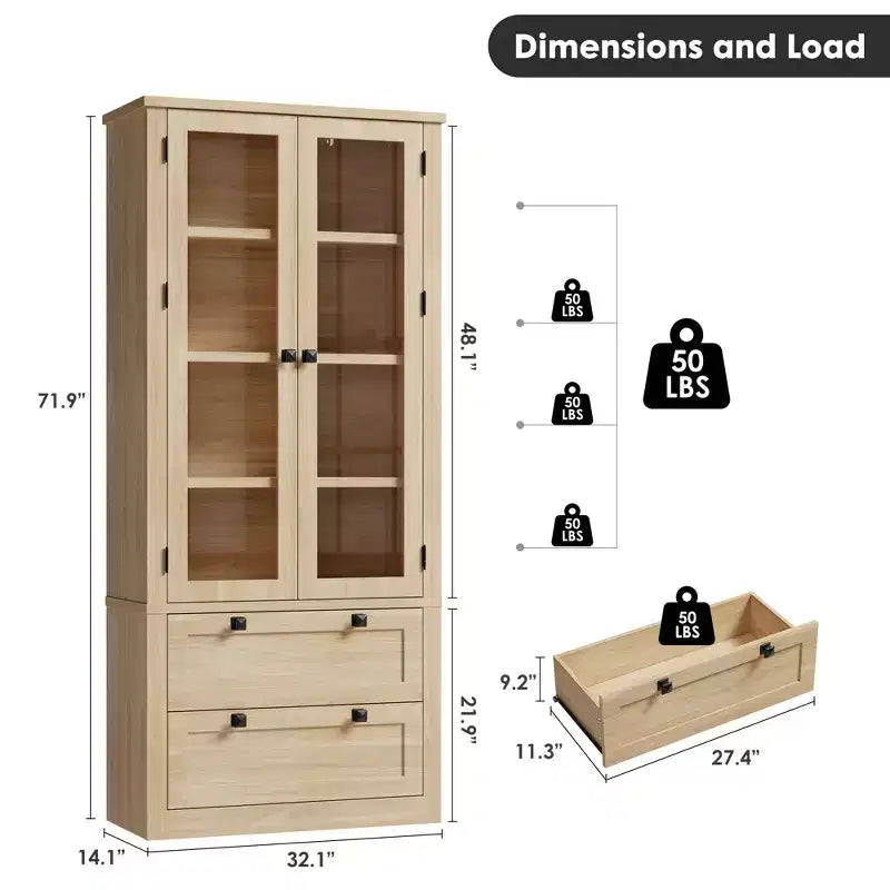 Dispensa da cucina stile rustico alta 183 cm con ante in vetro e 2 cassetti – Nero+Marrone / Naturale / Noce / Bianco