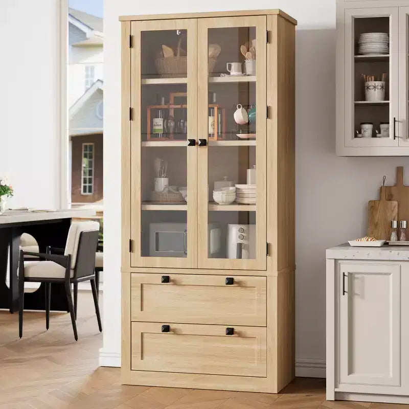 Dispensa da cucina stile rustico alta 183 cm con ante in vetro e 2 cassetti – Nero+Marrone / Naturale / Noce / Bianco