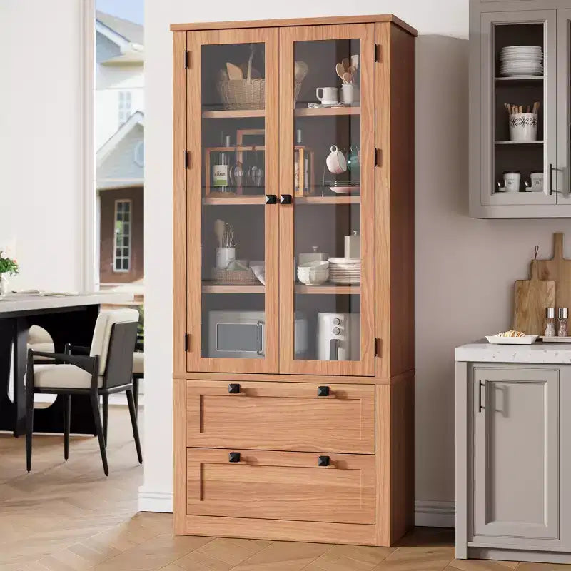 Dispensa da cucina stile rustico alta 183 cm con ante in vetro e 2 cassetti – Nero+Marrone / Naturale / Noce / Bianco