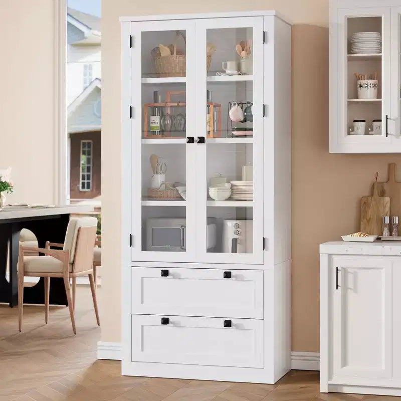 Dispensa da cucina stile rustico alta 183 cm con ante in vetro e 2 cassetti – Nero+Marrone / Naturale / Noce / Bianco
