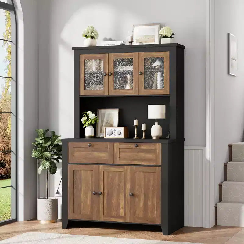 Mobile Dispensa/Credenza con Ante in Vetro e Cassetti, 168 cm di Altezza, Nero/Marrone/Bianco, con Stazione di Ricarica Integrata