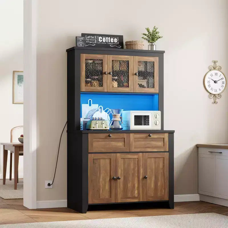 Mobile Dispensa/Credenza con Ante in Vetro e Cassetti, 168 cm di Altezza, Nero/Marrone/Bianco, con Stazione di Ricarica Integrata