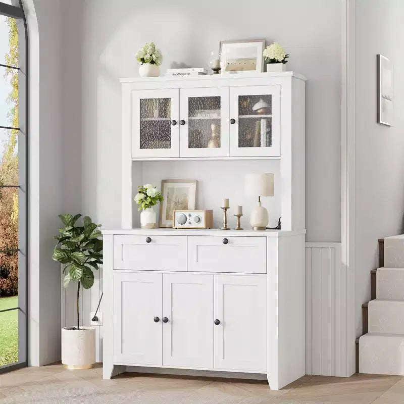 Mobile Dispensa/Credenza con Ante in Vetro e Cassetti, 168 cm di Altezza, Nero/Marrone/Bianco, con Stazione di Ricarica Integrata