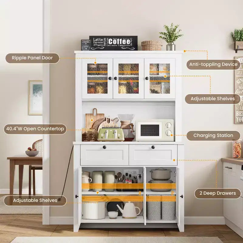 Mobile Dispensa/Credenza con Ante in Vetro e Cassetti, 168 cm di Altezza, Nero/Marrone/Bianco, con Stazione di Ricarica Integrata