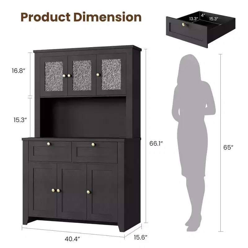 Mobile Dispensa/Credenza con Ante in Vetro e Cassetti, 168 cm di Altezza, Nero/Marrone/Bianco, con Stazione di Ricarica Integrata