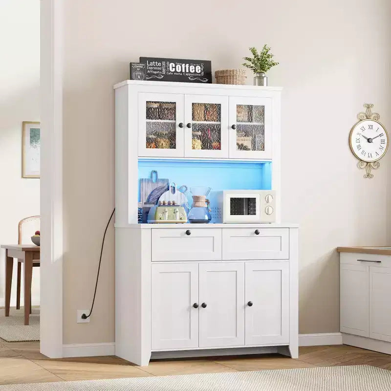 Mobile Dispensa/Credenza con Ante in Vetro e Cassetti, 168 cm di Altezza, Nero/Marrone/Bianco, con Stazione di Ricarica Integrata