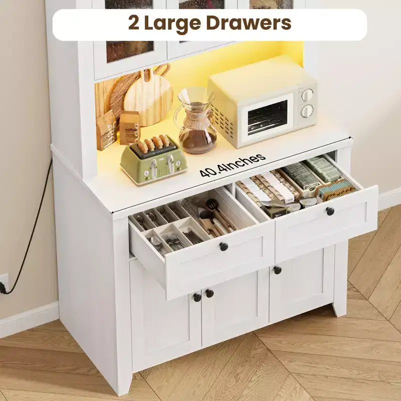 Mobile Dispensa/Credenza con Ante in Vetro e Cassetti, 168 cm di Altezza, Nero/Marrone/Bianco, con Stazione di Ricarica Integrata