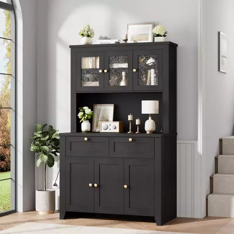 Mobile Dispensa/Credenza con Ante in Vetro e Cassetti, 168 cm di Altezza, Nero/Marrone/Bianco, con Stazione di Ricarica Integrata