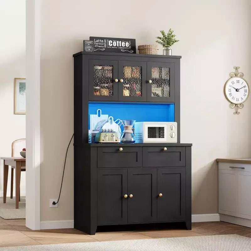 Mobile Dispensa/Credenza con Ante in Vetro e Cassetti, 168 cm di Altezza, Nero/Marrone/Bianco, con Stazione di Ricarica Integrata
