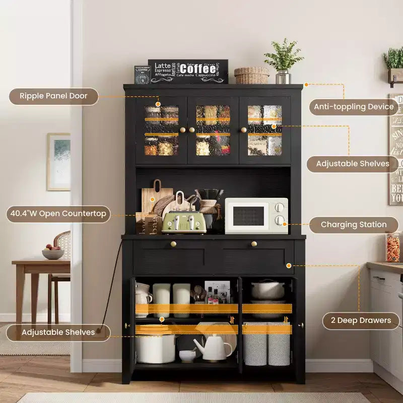 Mobile Dispensa/Credenza con Ante in Vetro e Cassetti, 168 cm di Altezza, Nero/Marrone/Bianco, con Stazione di Ricarica Integrata