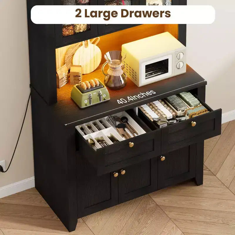 Mobile Dispensa/Credenza con Ante in Vetro e Cassetti, 168 cm di Altezza, Nero/Marrone/Bianco, con Stazione di Ricarica Integrata