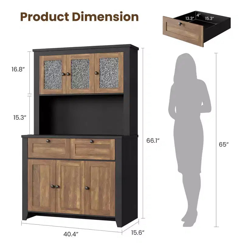 Mobile Dispensa/Credenza con Ante in Vetro e Cassetti, 168 cm di Altezza, Nero/Marrone/Bianco, con Stazione di Ricarica Integrata