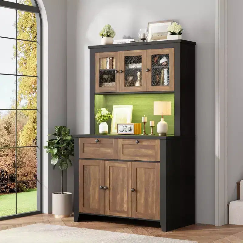 Mobile Dispensa/Credenza con Ante in Vetro e Cassetti, 168 cm di Altezza, Nero/Marrone/Bianco, con Stazione di Ricarica Integrata