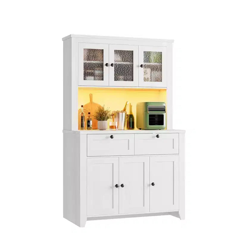 Mobile Dispensa/Credenza con Ante in Vetro e Cassetti, 168 cm di Altezza, Nero/Marrone/Bianco, con Stazione di Ricarica Integrata