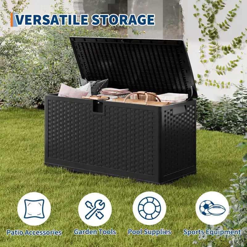 Baule portatutto in resina effetto rattan nero/marrone, 300–450 L, chiudibile a chiave, montaggio da 1 persona