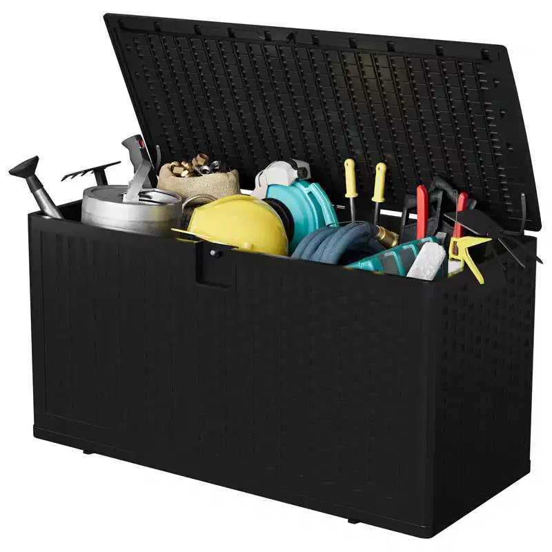 Baule portatutto in resina effetto rattan nero/marrone, 300–450 L, chiudibile a chiave, montaggio da 1 persona