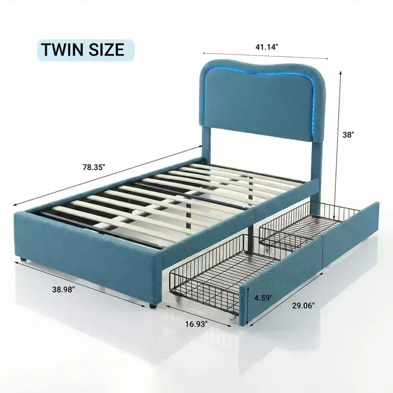 Letto a piattaforma singolo con testiera a LED RGB e 2 cassetti portaoggetti per bambini