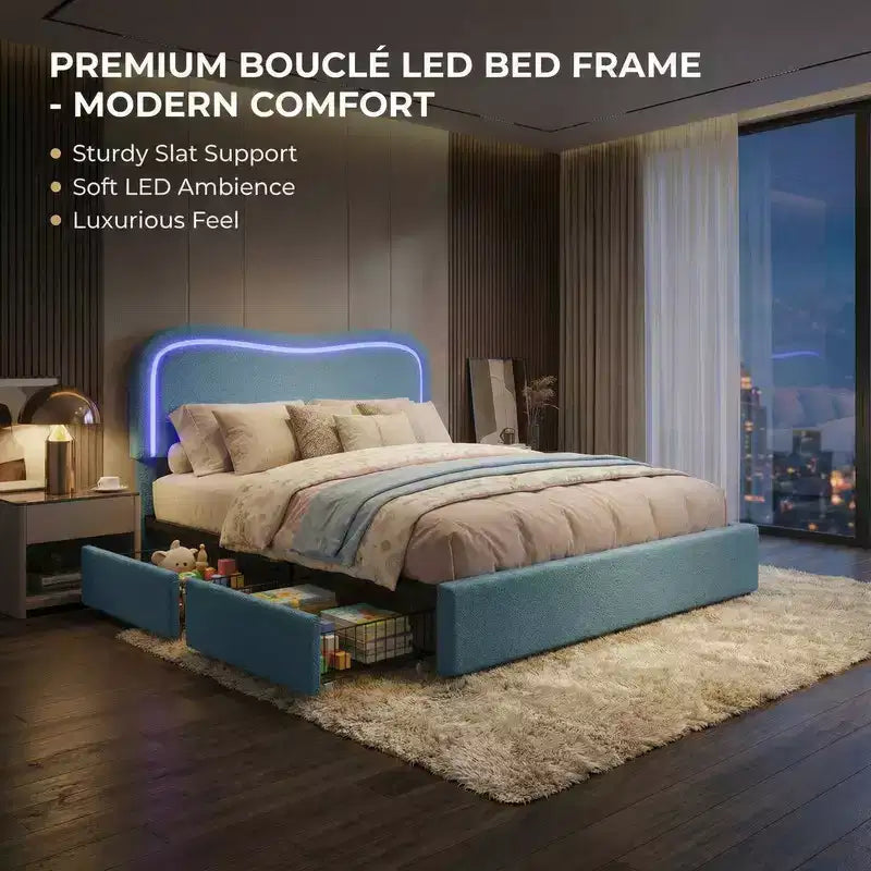 Letto a piattaforma singolo con testiera a LED RGB e 2 cassetti portaoggetti per bambini