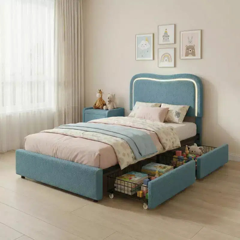 Letto a piattaforma singolo con testiera a LED RGB e 2 cassetti portaoggetti per bambini