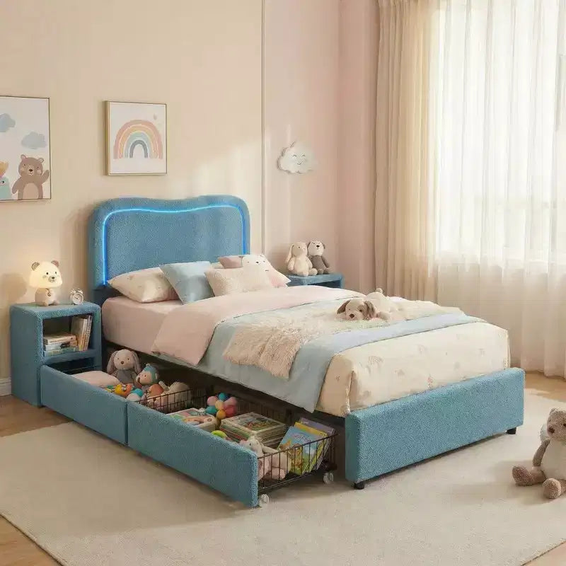 Letto a piattaforma singolo con testiera a LED RGB e 2 cassetti portaoggetti per bambini
