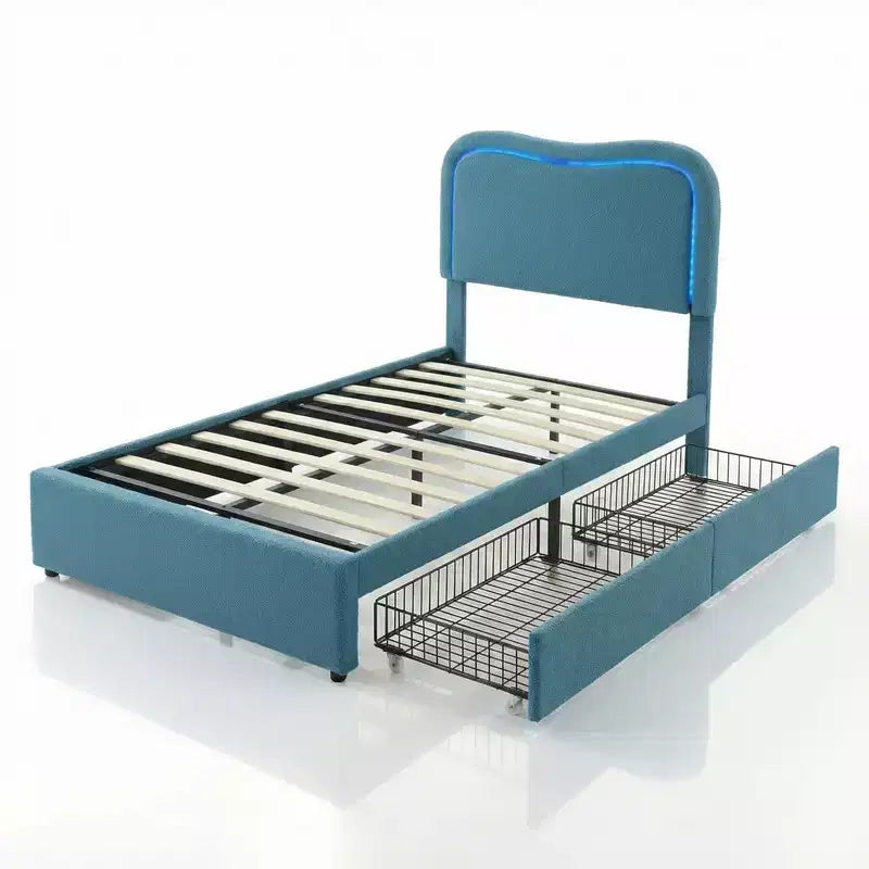 Letto a piattaforma singolo con testiera a LED RGB e 2 cassetti portaoggetti per bambini