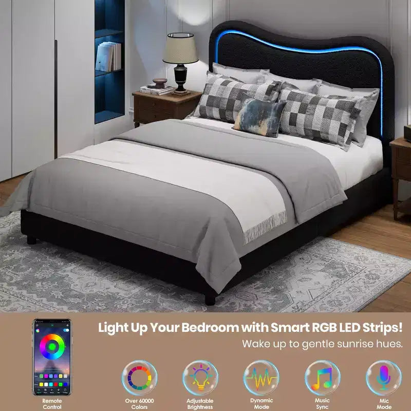 Letto a piattaforma singolo con testiera a LED RGB e 2 cassetti portaoggetti per bambini