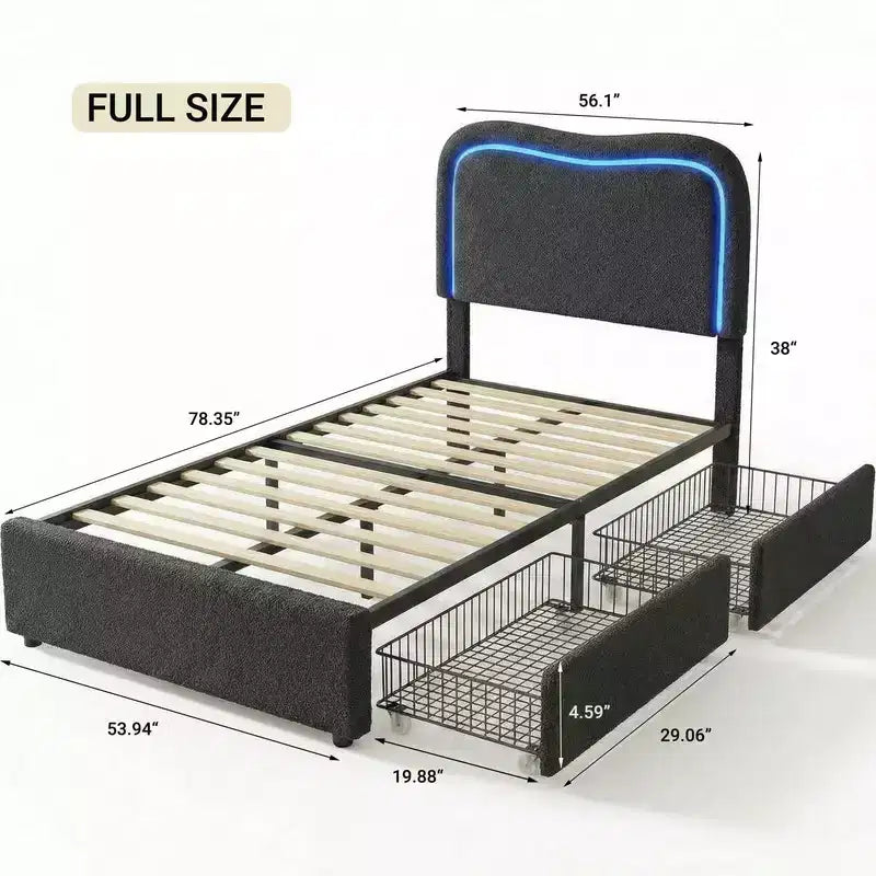 Letto a piattaforma singolo con testiera a LED RGB e 2 cassetti portaoggetti per bambini
