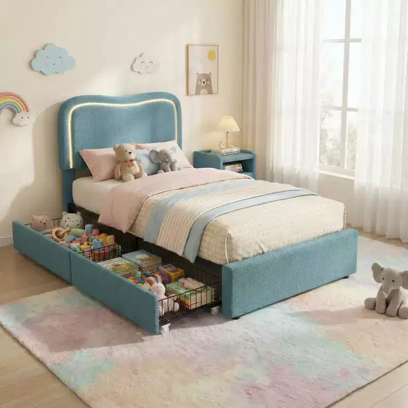 Letto a piattaforma singolo con testiera a LED RGB e 2 cassetti portaoggetti per bambini