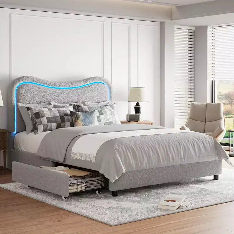 Letto a piattaforma singolo con testiera a LED RGB e 2 cassetti portaoggetti per bambini