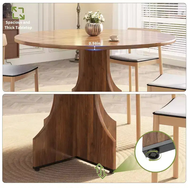 Tavolo da pranzo rotondo da 47", nero/noce, base a piedistallo, per 4–6 persone