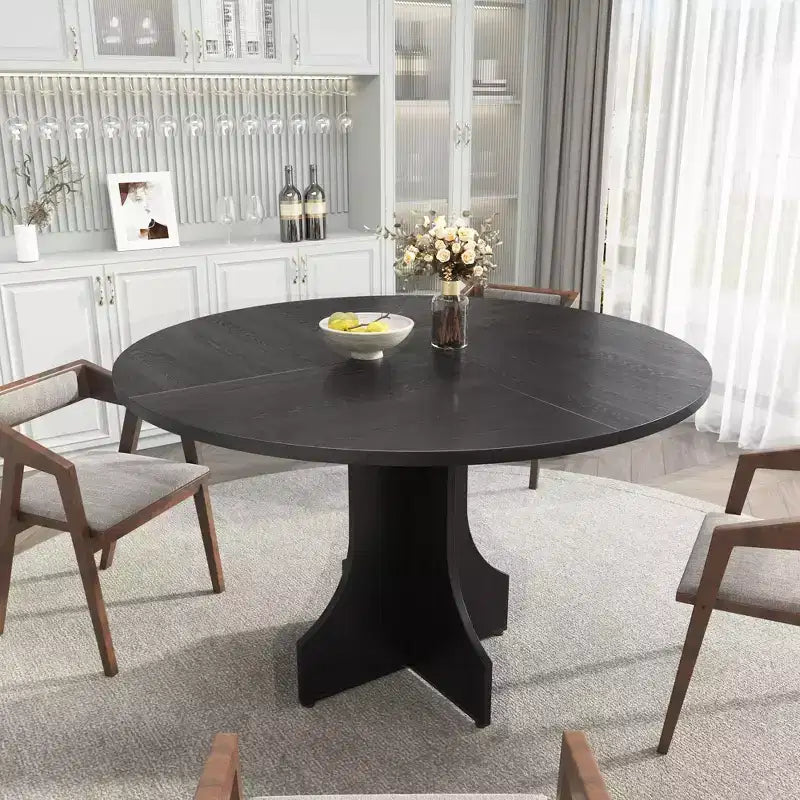 Tavolo da pranzo rotondo da 47", nero/noce, base a piedistallo, per 4–6 persone