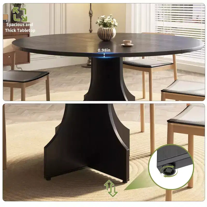 Tavolo da pranzo rotondo da 47", nero/noce, base a piedistallo, per 4–6 persone