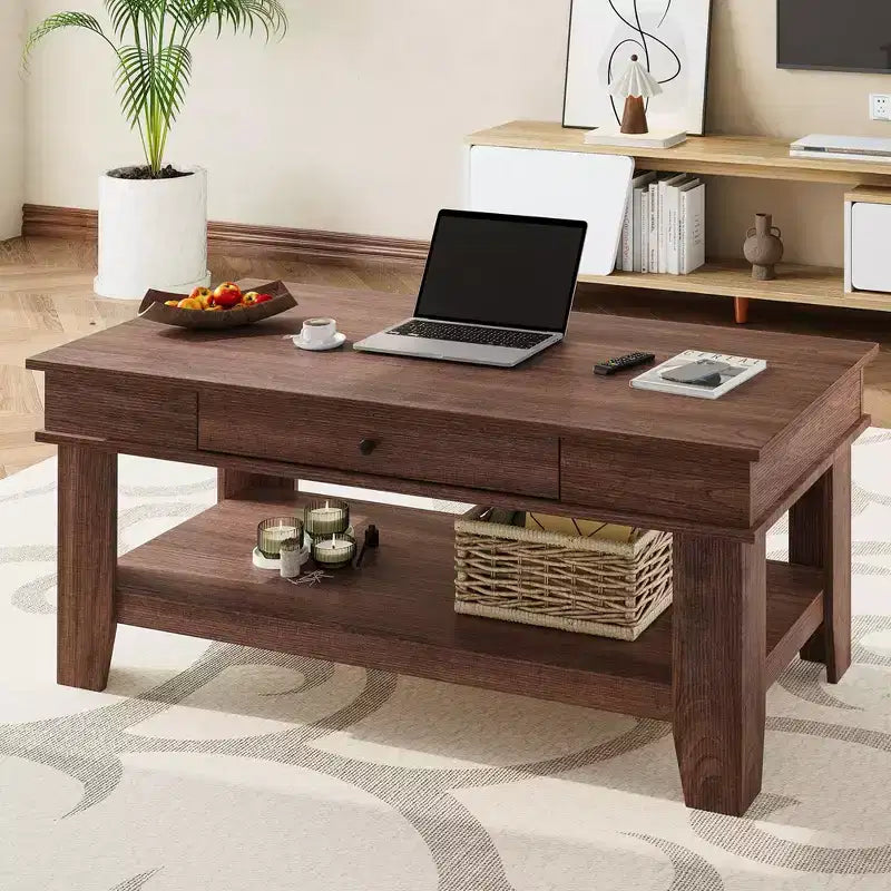 Tavolino rettangolare nero/marrone/rovere con cassetto portaoggetti