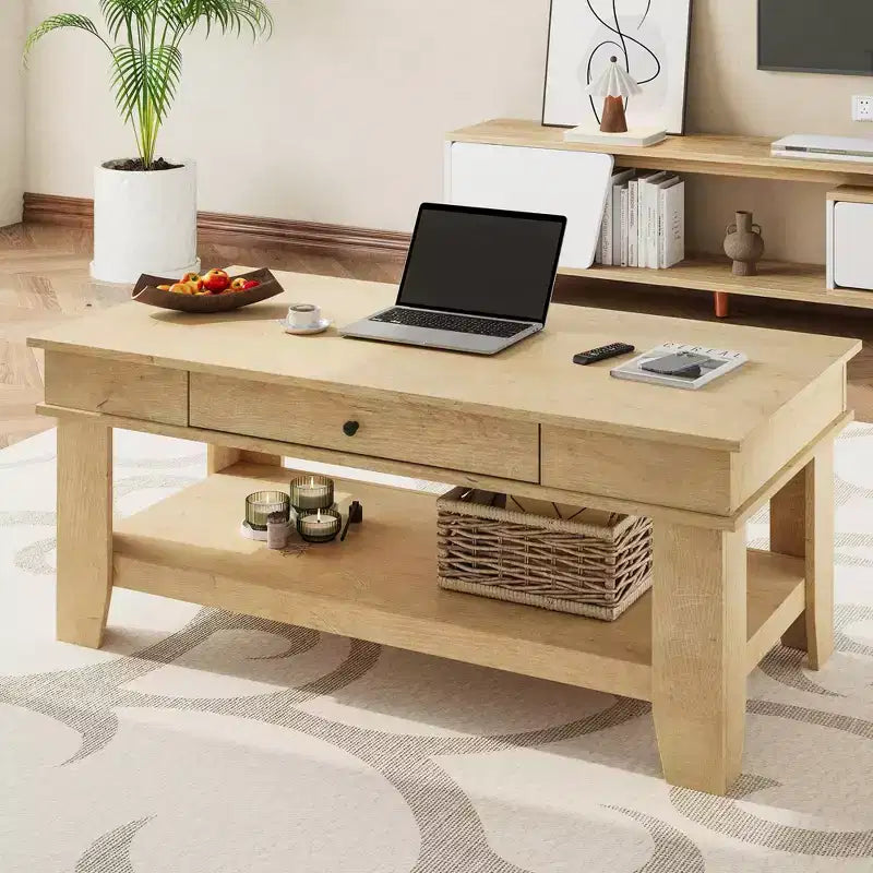 Tavolino rettangolare nero/marrone/rovere con cassetto portaoggetti
