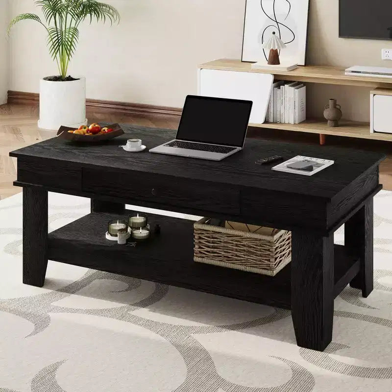 Tavolino rettangolare nero/marrone/rovere con cassetto portaoggetti
