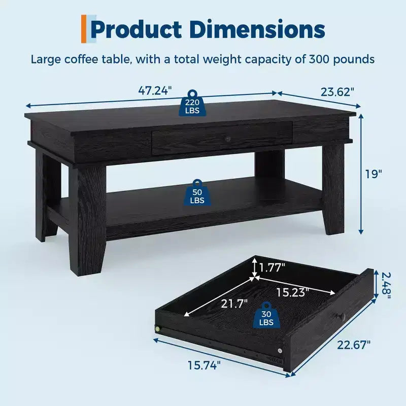 Tavolino rettangolare nero/marrone/rovere con cassetto portaoggetti