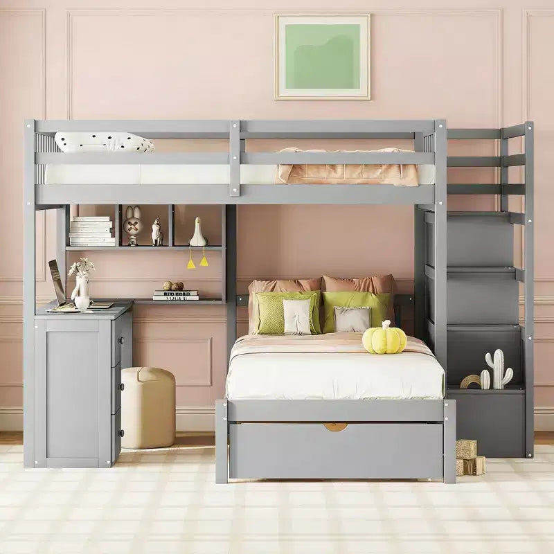 Luxystar Letto a castello moderno completo su letto singolo con scrivania, 8 cassetti e librerie