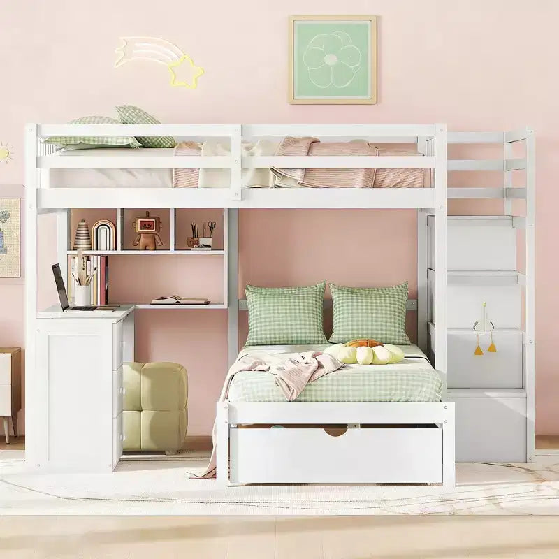 Luxystar Letto a castello moderno completo su letto singolo con scrivania, 8 cassetti e librerie