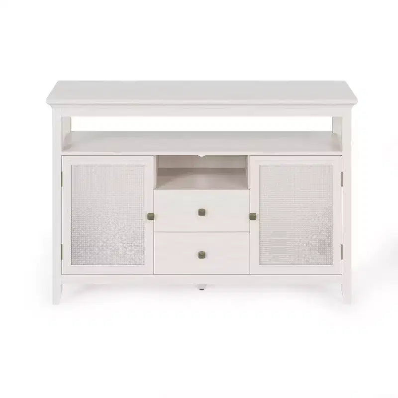 Mobile contenitore rustico in rattan, ante e cassetti, ripiani regolabili, bianco sporco