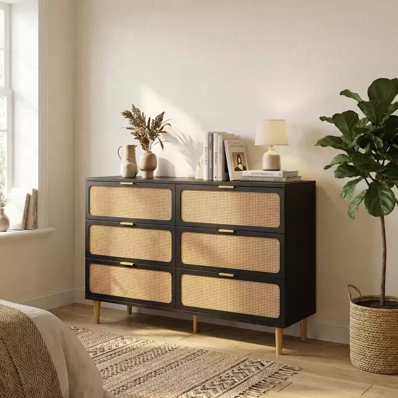 Rattan Dresser with 6 Drawers, Tall Wooden Chest with Wide Top for Bedroom, Living Room, Hallway, Black