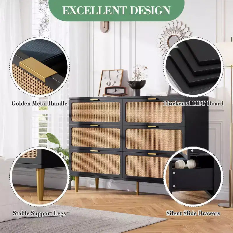 Comò in Rattan con 6 Cassetti, Cassettiera Alta in Legno con Piano Ampio per Camera da Letto, Soggiorno, Corridoio, Nero