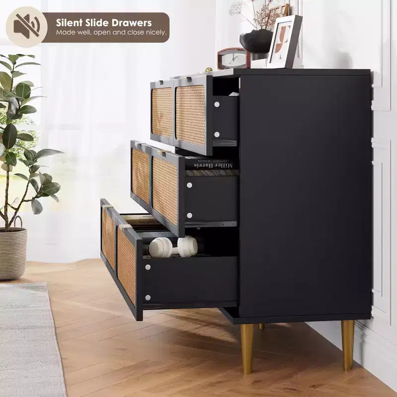Comò in Rattan con 6 Cassetti, Cassettiera Alta in Legno con Piano Ampio per Camera da Letto, Soggiorno, Corridoio, Nero