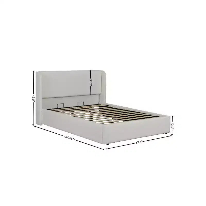 Struttura letto imbottita color crema in bouclé, con testiera, gambe in metallo e doghe – Per 1-2 persone