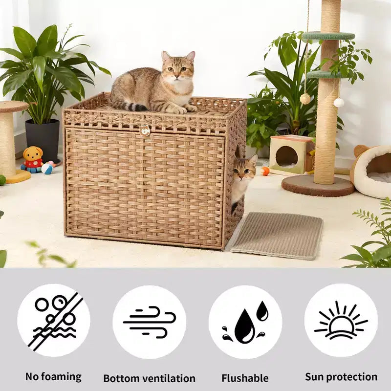 Mobile per lettiera per gatti in rattan con contenitore nascosto, mobile bagno per gatti da interno con tappetino e recinzione, elegante soluzione per lettiera da salotto