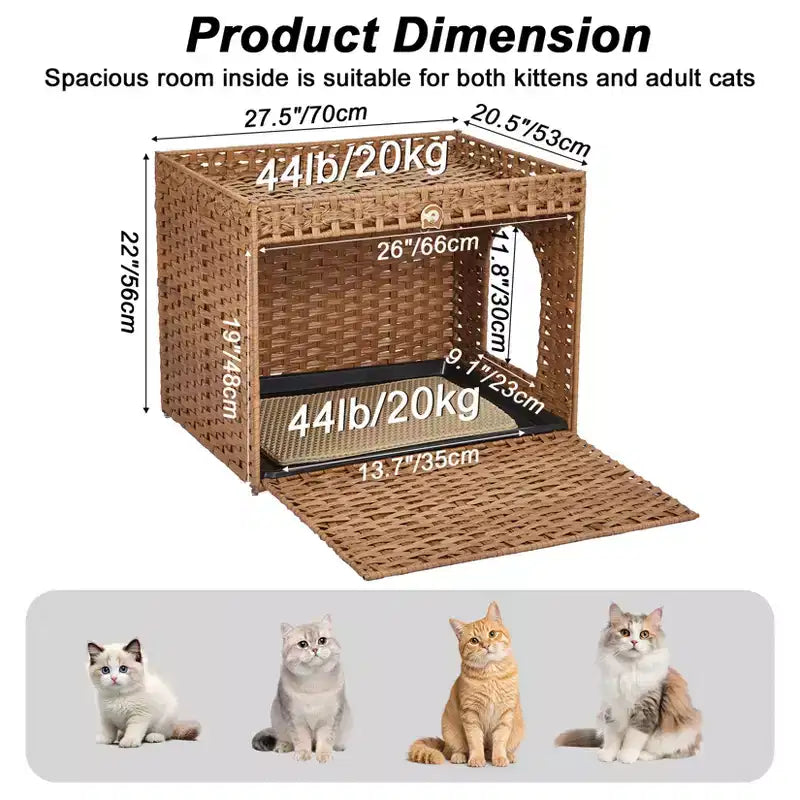 Mobile per lettiera per gatti in rattan con contenitore nascosto, mobile bagno per gatti da interno con tappetino e recinzione, elegante soluzione per lettiera da salotto