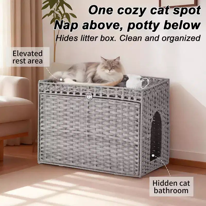 Mobile per lettiera per gatti in rattan con contenitore nascosto, mobile bagno per gatti da interno con tappetino e recinzione, elegante soluzione per lettiera da salotto