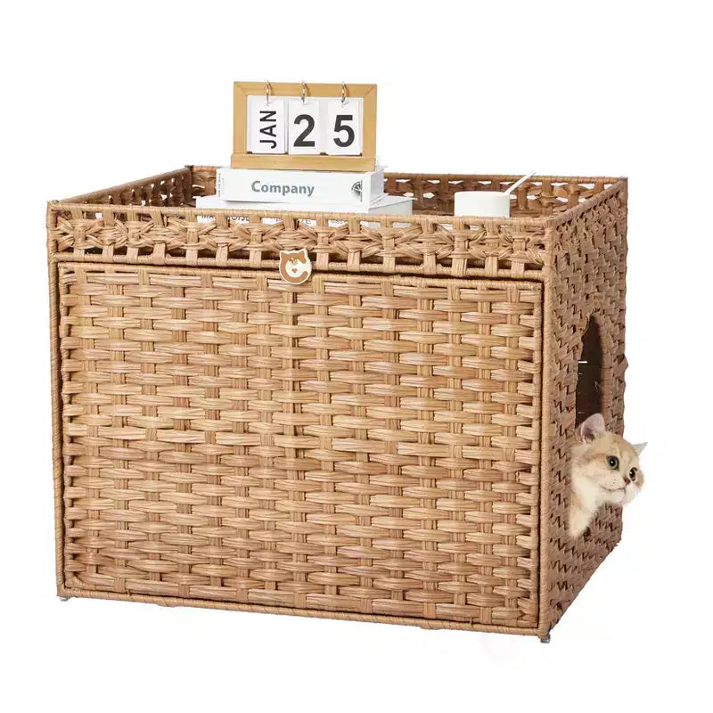 Mobile per lettiera per gatti in rattan con contenitore nascosto, mobile bagno per gatti da interno con tappetino e recinzione, elegante soluzione per lettiera da salotto